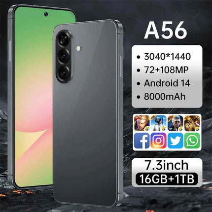 W&O A56 4GMobile phone 8000mAh 26MP Camera Cellphone  Smartphone Global Version Android 14 Dual SIM 7.3 Inch HD+ 16GB+1TB