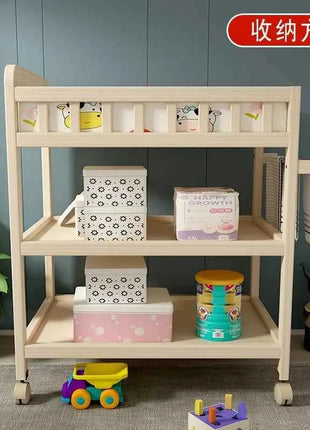 Baby Solid Wood Diaper Changing Table Multi-functional Bathing Massage Touching and Nursing Table for Newborns Movable