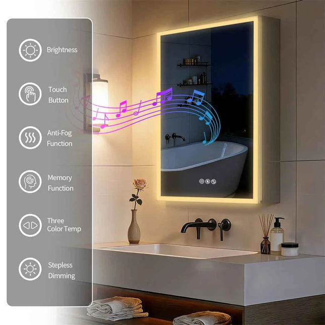LUVODI Smart LED Medicine Cabinet with Bluetooth Speakers, Defogger & Jewelry Storage,50x70cm Wall-Mounted Bathroom Mirror