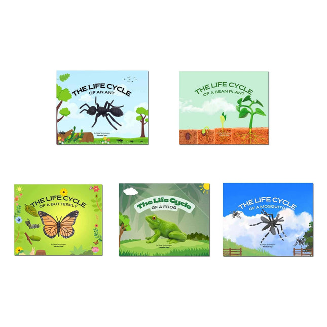 Set di giocattoli Montessori per l'apprendimento dell'inglese per bambini, con il ciclo di vita degli animali e 5 libri in inglese: formica, rana, farfalla, zanzara e fagiolo