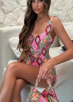 Colorful Diamond Pattern Sequin Slit Sexy Dress Women Elegant Party Club Dress Backless Mini Summer Dress Luxury Vestidos