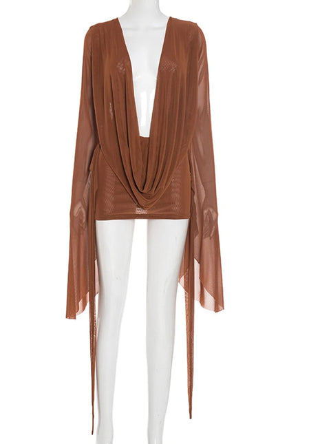 Beyprern Elegante manica svasata con scollo a V increspato Abito corto in rete trasparente Abiti da vacanza rosa Abito copricostume da spiaggia Abiti da notte
