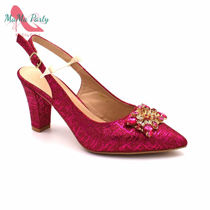 Set di Scarpe e Borsa per Donna Africana in Colore Fucsia, Design Classico Italiano di Alta Qualità con Cristalli Brillanti per Matrimoni e Feste