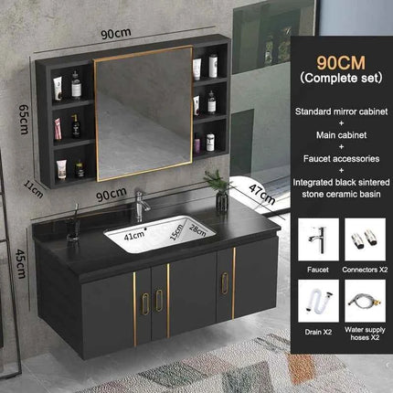 Bathroom Vanity Cabinet Set with Integrated Ceramic Sink Drain Accessories Wall Mounted Aluminum Storage Cabinet Mirror Combo