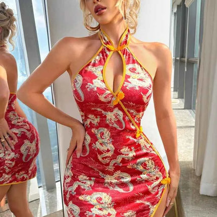 Nuovo vestito da donna drago stampa stile cinese appeso al collo mini abito con spalle scoperte puro desiderio avvolgere l'anca vestito affascinante V1UC
