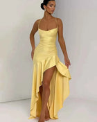 Mozision Satin Spaghetti Strap Ruffle Sexy Maxi Dress Women Off-shoulder Sleeveless Backless Thigh High Split Club Party Dress