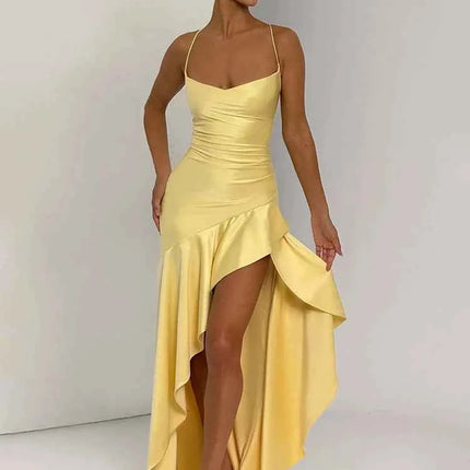 Mozision Satin Spaghetti Strap Ruffle Sexy Maxi Dress Women Off-shoulder Sleeveless Backless Thigh High Split Club Party Dress