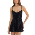 Abito da donna con paillettes lucide senza maniche, senza schienale, con spalline, aderente, mini abito da donna alla moda, abito da festa a trapezio per cocktail streetwear