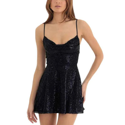 Abito da donna con paillettes lucide senza maniche, senza schienale, con spalline, aderente, mini abito da donna alla moda, abito da festa a trapezio per cocktail streetwear
