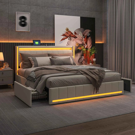 Comanlai 160×200cm Youth Bed, Adult Bed, Upholstered Double Bed, with LED and USB 4 Drawers, Headboard with Storage Space Linen