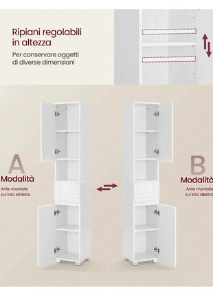 VASAGLE Tall Bathroom Cabinet, Slim Storage, Narrow Cupboard, Drawer, Adjustable Shelves, 30 x 30 x 170 cm, White