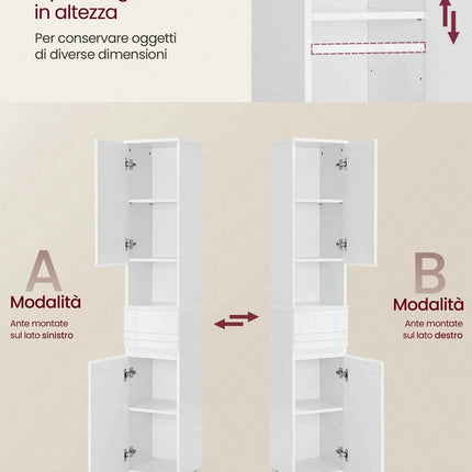 VASAGLE Tall Bathroom Cabinet, Slim Storage, Narrow Cupboard, Drawer, Adjustable Shelves, 30 x 30 x 170 cm, White