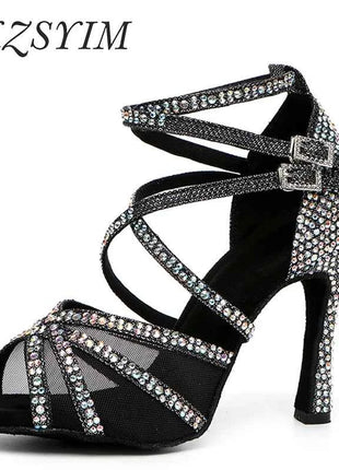 DKZSYIM Scarpe da ballo latino da donna con strass Scarpe da ballo per ragazza salsa latina Scarpe da ballo da sala da ballo nere lucide per ragazze e signore