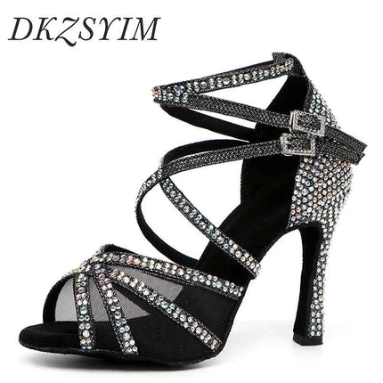 DKZSYIM Scarpe da ballo latino da donna con strass Scarpe da ballo per ragazza salsa latina Scarpe da ballo da sala da ballo nere lucide per ragazze e signore