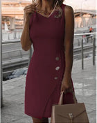 Elegant white women's short dress with round neck straps and a sexy hip-hugging fitted skirt. New sheer ribbon button mini dress.