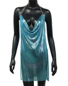 2023 Sexy Clubwear Backless Sequin Short Dress for Women Cocktail Metallic Split Mesh Harness Body Chain Club Low Cut Mini Dress