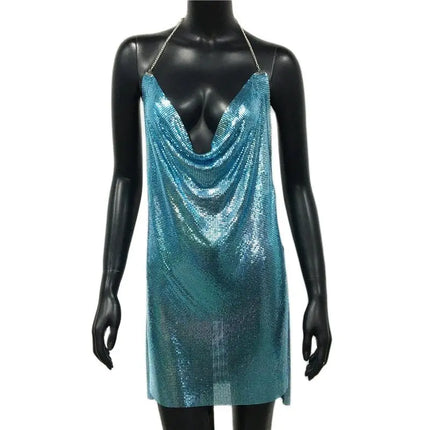2023 Sexy Clubwear Backless paillettes abito corto per le donne Cocktail Metalic Split Mesh Harness Body Chain Club Low Cut Mini Dress