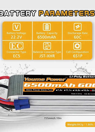 Youme 6S 22.2V 6500mah 5200mah RC Lipo Battery 22.2V XT60 XT90 EC5 RC Airplane Helicopters Car Boat Truck Parts