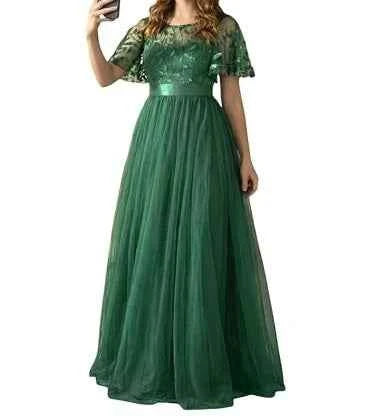 European and American Wine Red Evening Gown with Round Neck Flared Sleeves and Mesh Long Dress for Wedding 2026new Wedding Dress