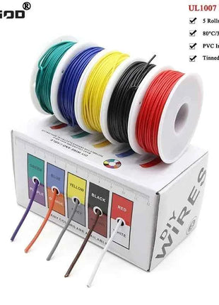 （5 Colors Mix Kit）UL1007 Wire PVC Insulation Tinned Copper Cable Stranded Electrical Line 30/28/26/24/22/20/18/16 AWG PCB Wire