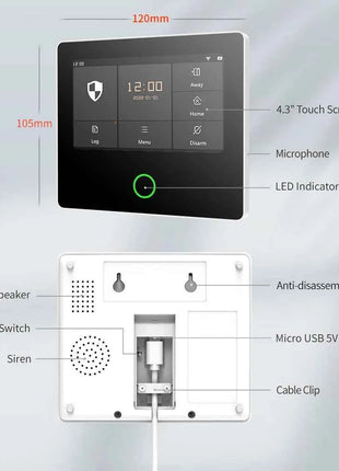 Staniot WiFi SecPanel 5 sistema di allarme domestico Wireless Tuya Smart 4.3 "Kit di sicurezza Touch Screen sirena integrata APP telecomando,Batteria integrata da 1500 mAh, supporto per Alexa