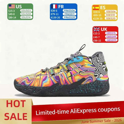 Puma MB.03 Scarpe da Basket Comode, Antiscivolo e Resistenti con Punta Arrotondata (Unisex) in Nero, Rosso e Giallo 379330-01