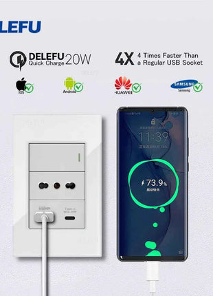 DELEFU Vetro temperato bianco Italia USB TypeC Presa a muro a ricarica rapida Schuko Tuya Wifi Smart Switch Sat TV Tel Campanello Cile