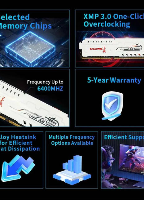 Great Wall DDR5 RAM 16GB 6400MHz Overclocking Desktop Gaming Memory Compatible Intel XMP 3.0 & AMD Expo Dimm Memoria