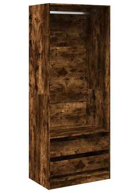 Armadio in legno ingegnerizzato di rovere affumicato 80x50x200 cm, Armadio alto con ripiani e asta appendiabiti per camera da letto