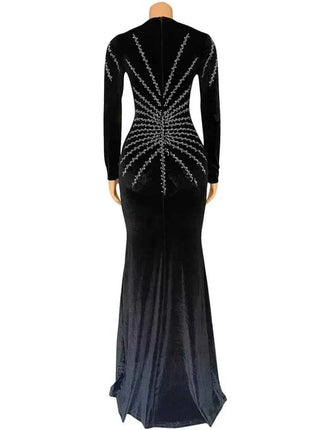 2025 Elegante abito da festa lungo in velluto con diamanti per donna Abito da sera sexy con scollo a V profondo Abito formale nero sottile