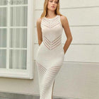 SINGREINY Hollow Out Beach Maxi Dress Summer Women Sleeveless Solid Knitted Stretchy Bohemian Striped Slit Bodycon Long Dress