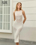 SINGREINY Hollow Out Beach Maxi Dress Summer Women Sleeveless Solid Knitted Stretchy Bohemian Striped Slit Bodycon Long Dress