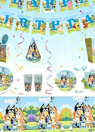 Set Decorativo per Feste a Tema Bluey e Bingo, con Stendibanner, Decorazioni per Torte, Bandierine, Palloncini, Piatti e Bicchieri