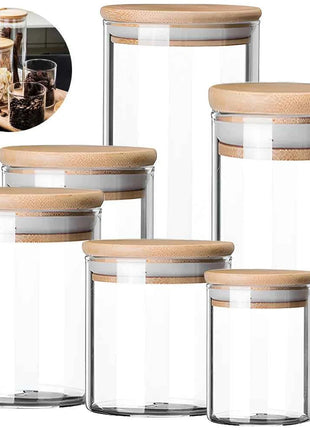 5pc 300/550/950ml Glass Food Storage Containers With Wooden Lid Kitchen Sealed Jar Food Storage Multigrain Tank Bottle