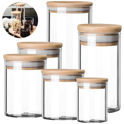 5pc 300/550/950ml Glass Food Storage Containers With Wooden Lid Kitchen Sealed Jar Food Storage Multigrain Tank Bottle