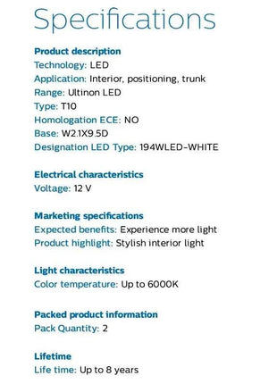 Philips Ultinon LED T10 W5W 194 12961WLED 6000K Cool White Car Turn Signal Lamps Interior Light Door Read Plate Bulbs 12961ULWX2