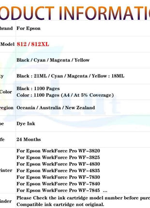 812 812XL Ink Cartridge For Epson 812 812XL Compatible For Epson WF-3820 WF-3825 WF-4830 WF-4835 WF-7830 WF-7840 7845 Printer