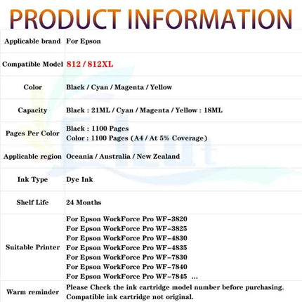 812 812XL Ink Cartridge For Epson 812 812XL Compatible For Epson WF-3820 WF-3825 WF-4830 WF-4835 WF-7830 WF-7840 7845 Printer
