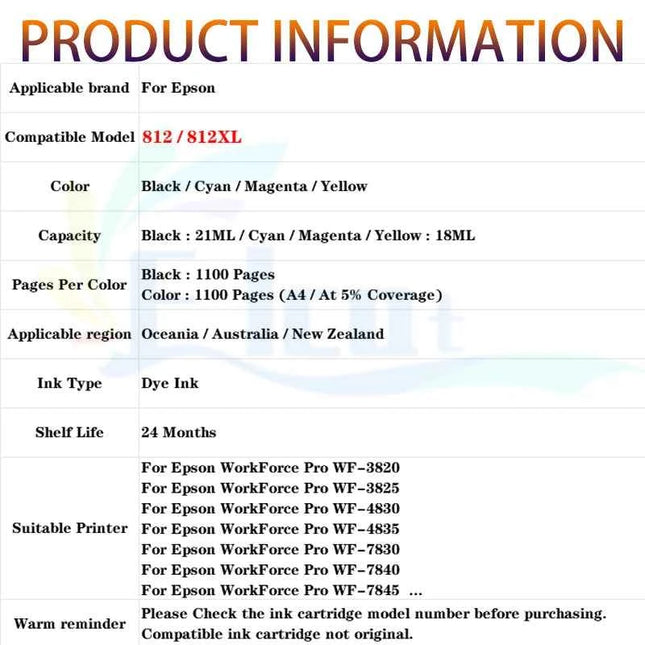 812 812XL Ink Cartridge For Epson 812 812XL Compatible For Epson WF-3820 WF-3825 WF-4830 WF-4835 WF-7830 WF-7840 7845 Printer