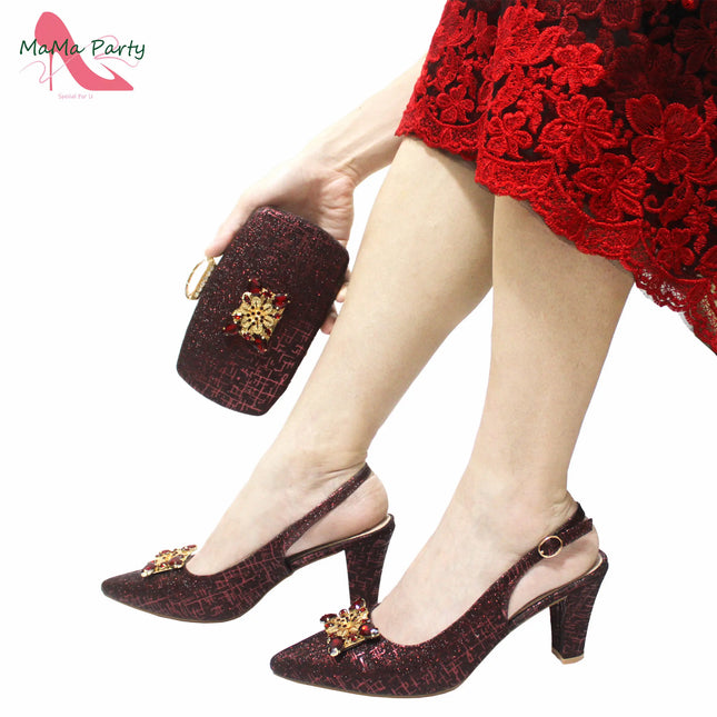Set di Scarpe e Borsa per Donna Africana in Colore Fucsia, Design Classico Italiano di Alta Qualità con Cristalli Brillanti per Matrimoni e Feste