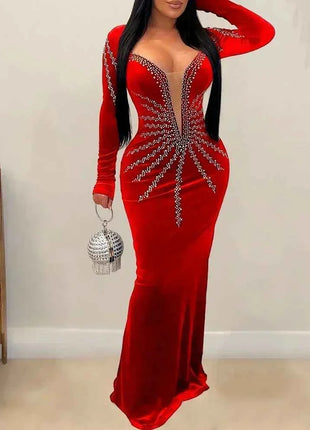 2025 Elegante abito da festa lungo in velluto con diamanti per donna Abito da sera sexy con scollo a V profondo Abito formale nero sottile