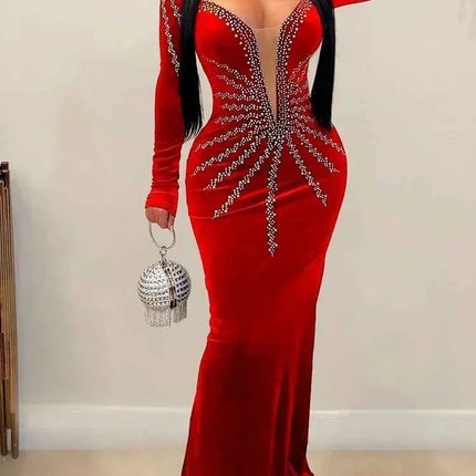 2025 Elegante abito da festa lungo in velluto con diamanti per donna Abito da sera sexy con scollo a V profondo Abito formale nero sottile