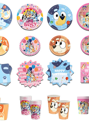 Set di stoviglie usa e getta a tema famiglia Bluey, piatto, striscione, topper per torta, bandierine, palloncini Bingo, decorazioni per compleanno.