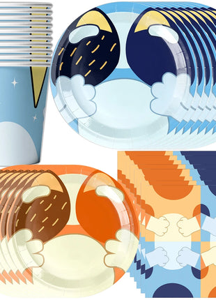 Nuovo cartone animato simpatico cane decorazione festa di compleanno kit cani blu tema buon compleanno piatti tovaglioli tazze stoviglie forniture per bambini