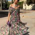 Abito da Sera Lungo Elegante con Stampa Floreale, Maniche Corte in Rete, Versatile, Stile Sirena, Aderente, Sexy con Inserti in Pizzo