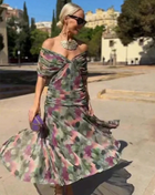 Abito da Sera Lungo Elegante con Stampa Floreale, Maniche Corte in Rete, Versatile, Stile Sirena, Aderente, Sexy con Inserti in Pizzo