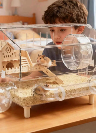 Large Syrian Hamster Cage, Deluxe Double-Layer Hamster Cage, Small Pet Breeding Box, Transparent Acrylic Hamster House