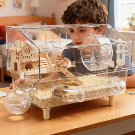 Large Syrian Hamster Cage, Deluxe Double-Layer Hamster Cage, Small Pet Breeding Box, Transparent Acrylic Hamster House