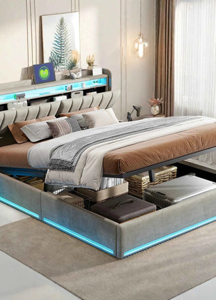 Upholstered Double Bed,Hydraulic Bed with Bed Box,Headboard with LED and USB Charging Station,Functional Bed Velvet