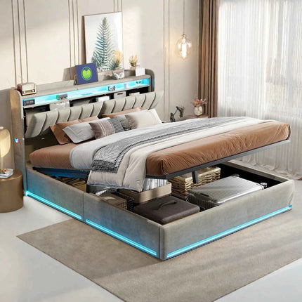Upholstered Double Bed,Hydraulic Bed with Bed Box,Headboard with LED and USB Charging Station,Functional Bed Velvet